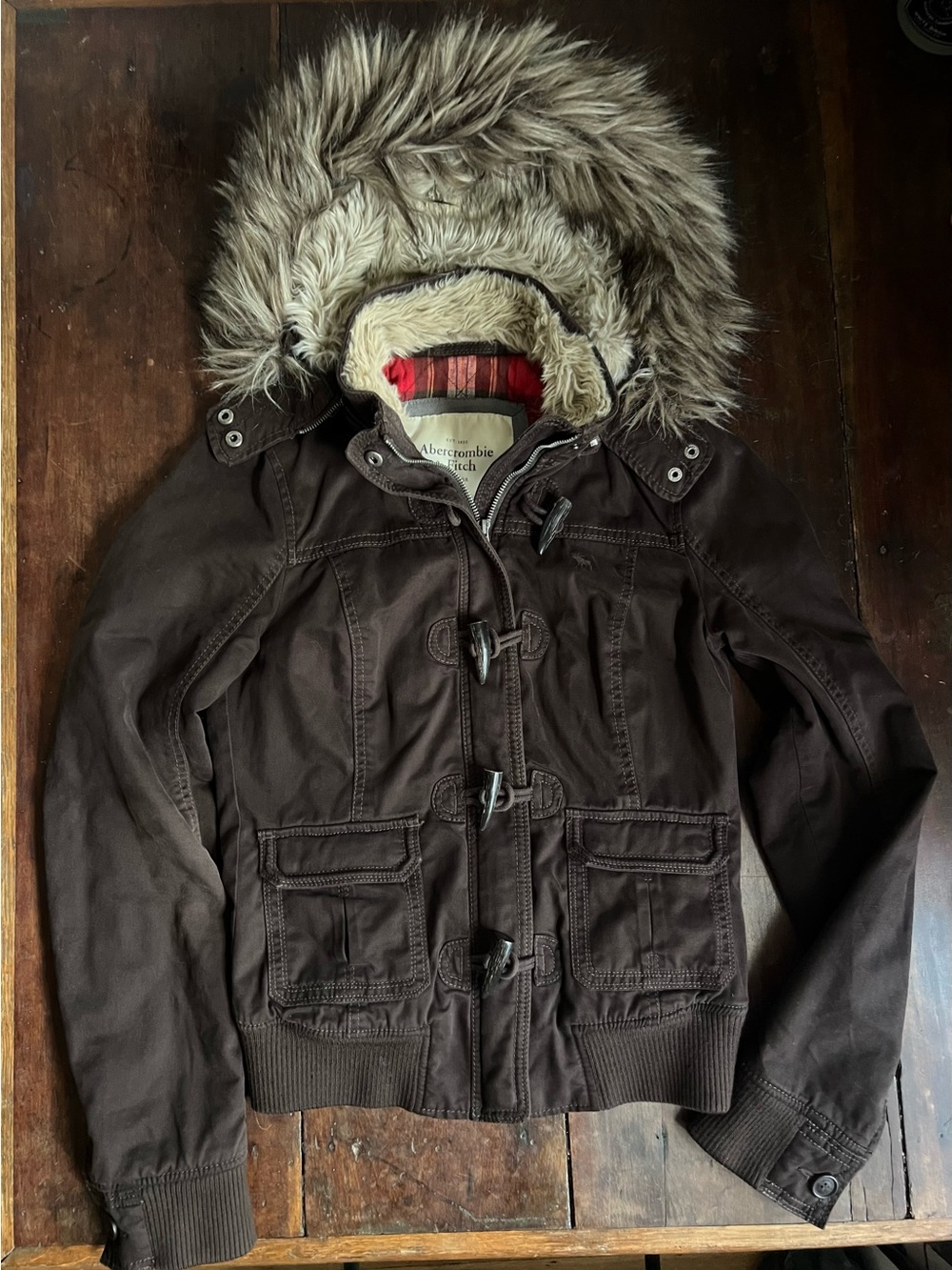 Abercrombie & Fitch Women's Brown Fur Hooded Bomber Utility Jacket Y2K